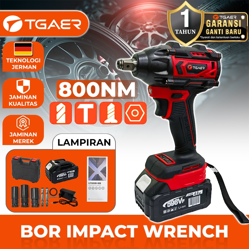 TGAER 800NM Bor Impact Wrench Mesin Bor Impact Wrench Brushless Cordless Bor Impact Baterai Makita M