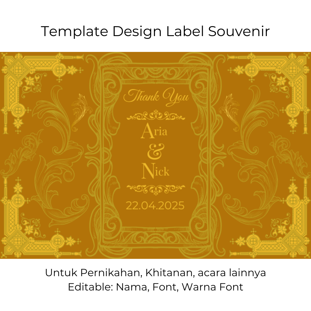 

Label Souvenir Pernikahan Custom – Desain Rich Gold Mewah, Nama & Tanggal Bisa Edit
