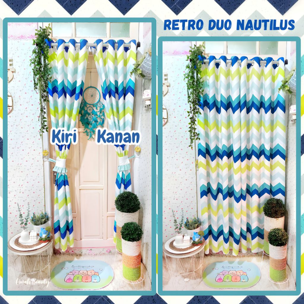 READY (Kanan+Kiri) Gorden Smokering Zigzag /  Gorden Retro Duo Nautilus Biru Tosca Hijau Putih / Gor