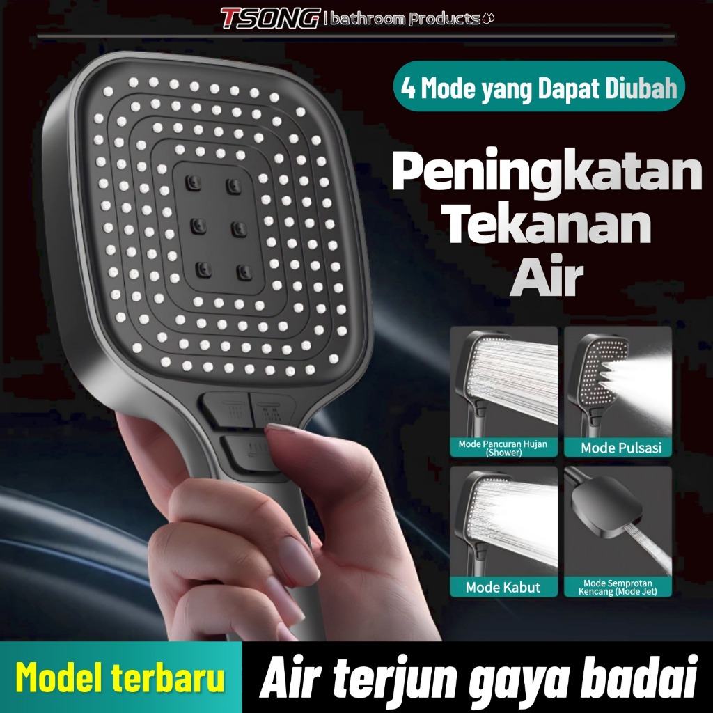 TSONG #099-A Hand  Shower Hitam Minimalis Kotak 3 Mode Tekanan Tinggi Hand Shower Turbo Shower Multi