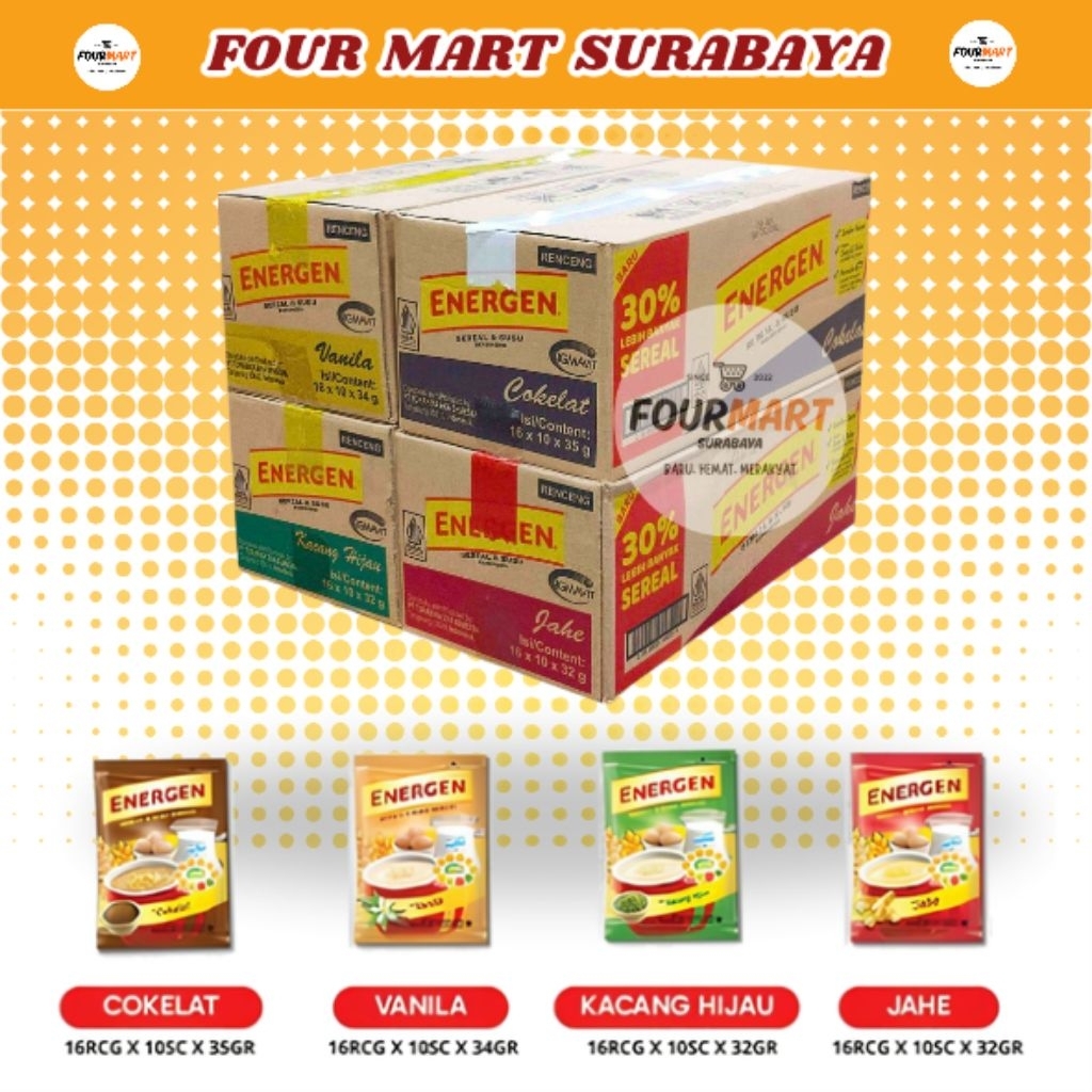 

KARTON / DUS Energen Minuman Sereal Instant All Varian - Coklat, Vanilla, Jahe, Kacang Hijau, Kurma, dan New Varian Energen Vanilla Beng Beng Balls