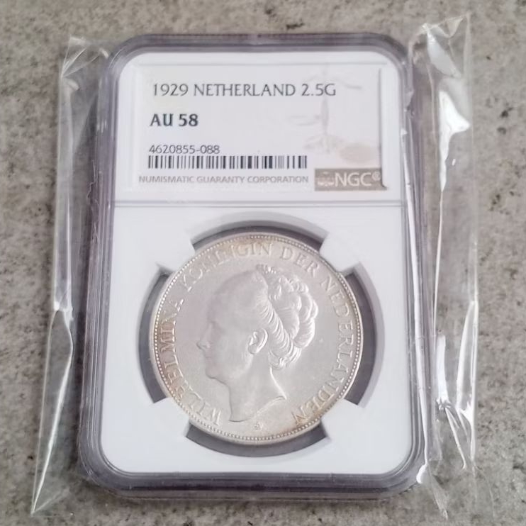 NGC AU 58 2,5 Gulden Wilhelmina Netherland thn 1929