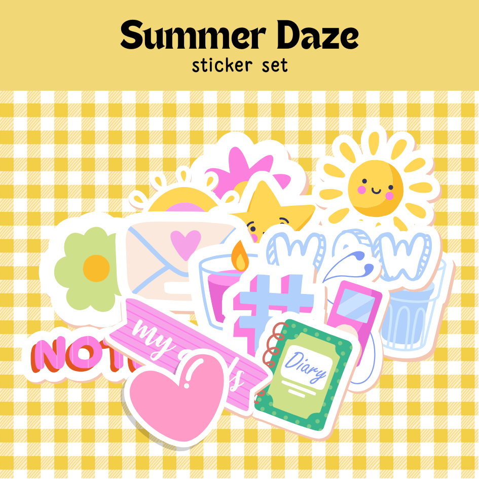 

15 PCS STICKER SET SUMMER DAZE YELLOW PINK AESTHETIC MINI STIKER