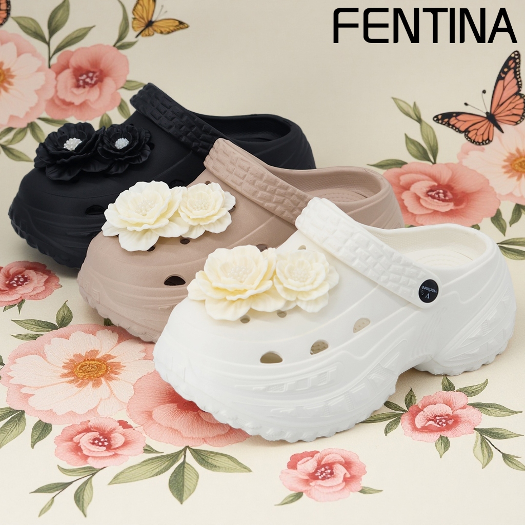 FENTINA Sandal Kodok Wanita Korea Bunga Sandal Baim Wanita Wedges Sandal Sepatu Wanita Kekinian