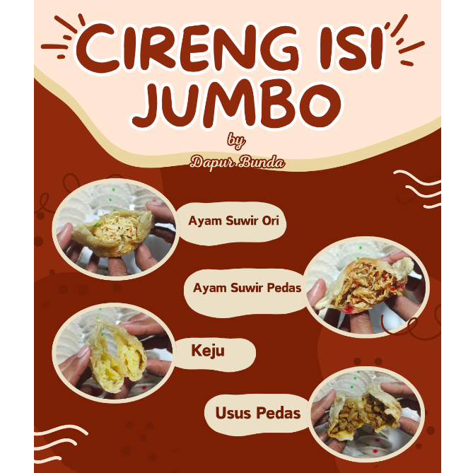 

Cireng Isi Ayam Suwir / Usus / Keju JUMBO FROZEN - Cireng isi JUMBO 1Pack isi 4pcs (12cm) - Cireng Isi Frozen JUMBO