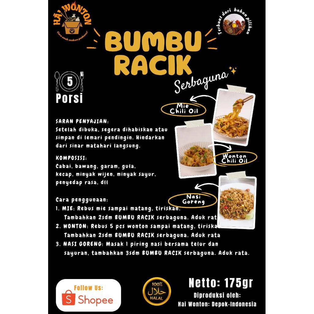 

6. BUMBU RACIK 175gr – Bumbu Instan Serbaguna HAI WONTON untuk Mie, Wonton dan Nasi Goreng