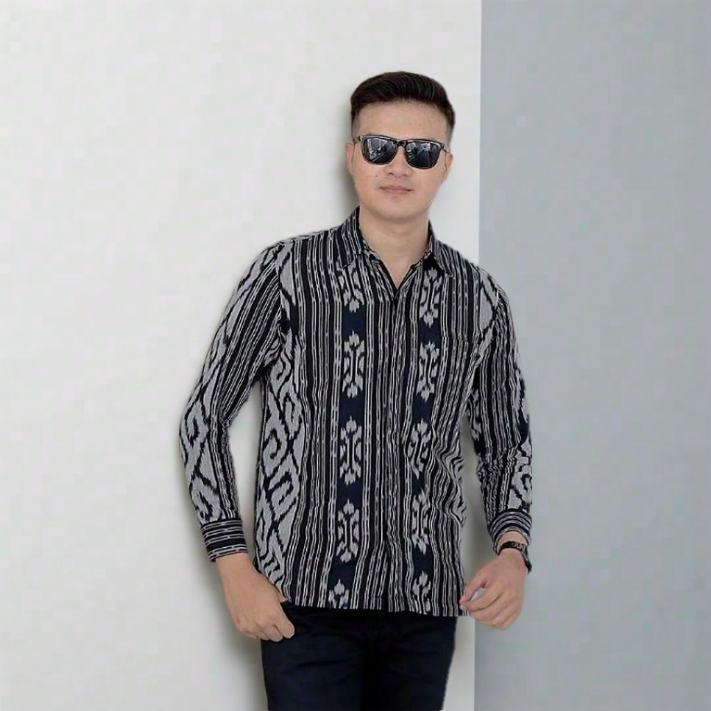 KEMEJA TENUN PRIA LENGAN PANJANG HITAM ABU BAJU TENUN ETNIK JEPARA NTT LOMBOK FORMAL KONDANGAN PESTA