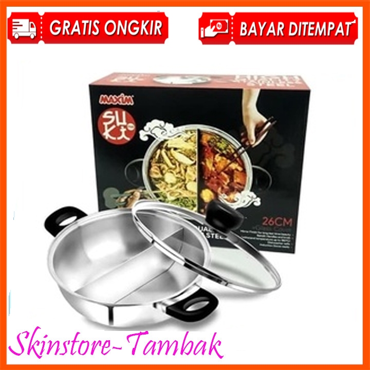 Maxim Panci Hotpot Stainless + Tutup Kaca 2 Sekat 26cm | Suki Pan Stenlis Induksi | Shabu Steamboat