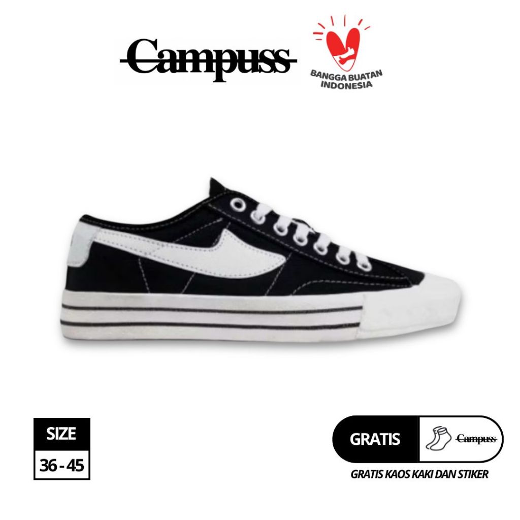 Campuss Renegade Low Black White Sepatu BTS Sneakers Casual Unisex Sepatu Sekolah Size 36-45 Bahan K
