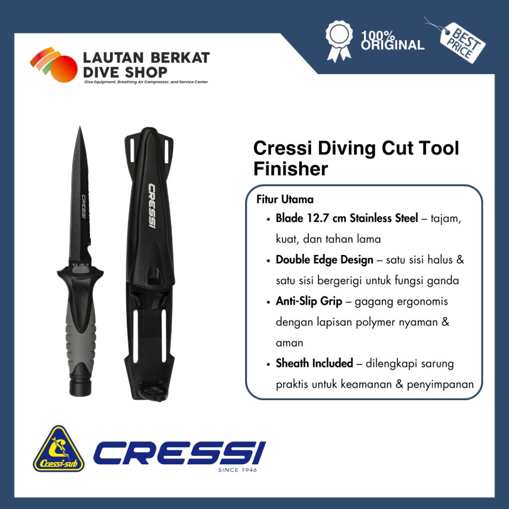 Knife / Diving Cut Tool Cressi Finisher RC559300 – Pisau Selam Stainless Steel untuk Diving & Spearf