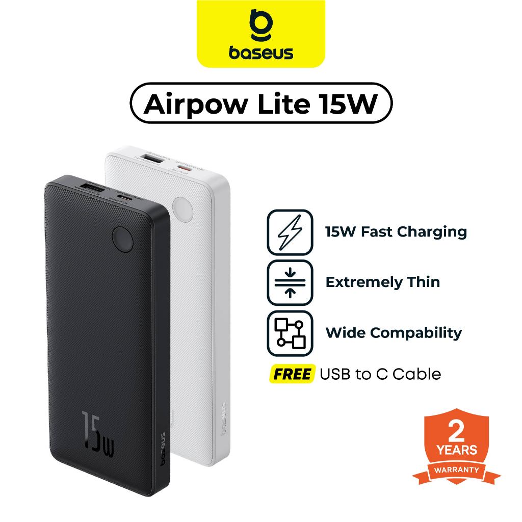 BASEUS Powerbank 10000mAh 15W Fast Charging Dual Port USB A + Type C Airpow Lite  - Garansi 2 Tahun