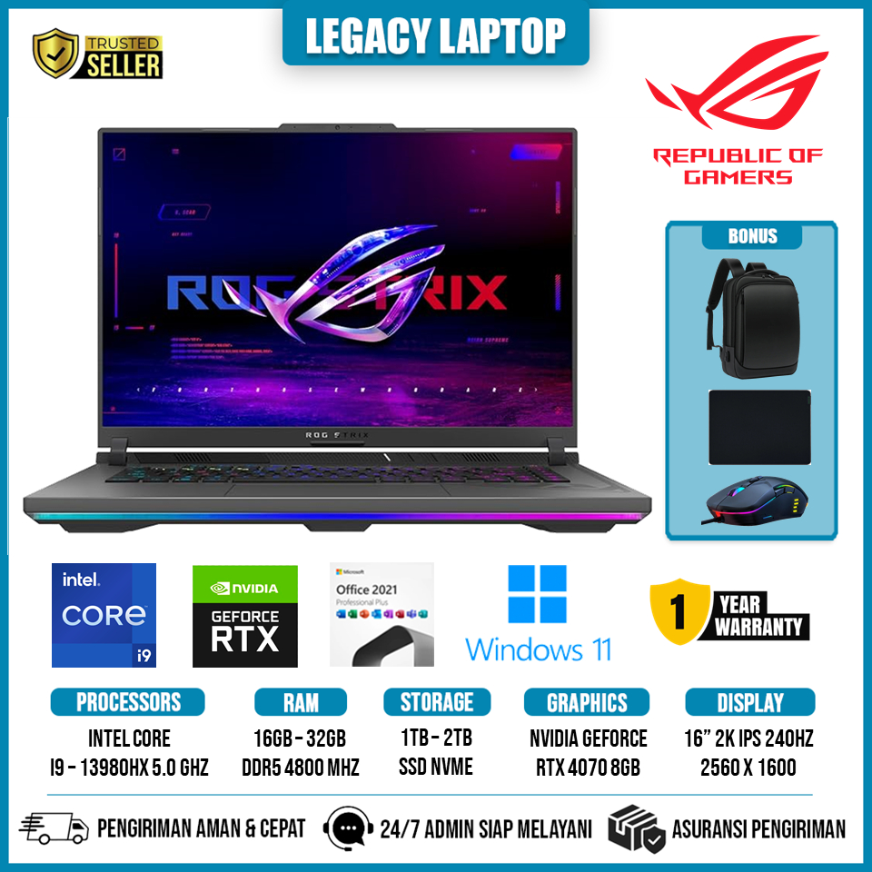 Laptop Gaming Asus ROG Strix G16 Intel I9 13980HX 64GB 2TB SSD RTX4070 WQXGA 240Hz Windows 11