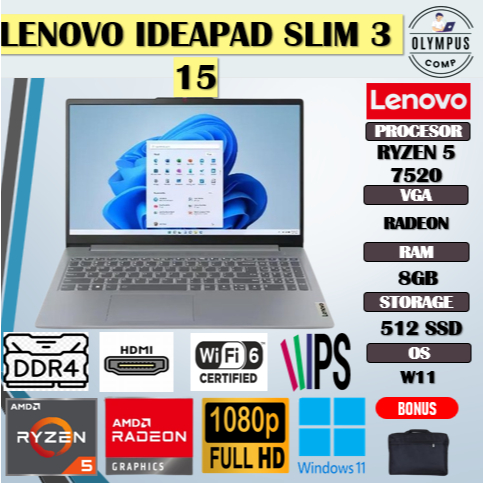 LENOVO IDEAPAD SLIM 3 15 RYZEN 5 7520 8GB 512GB 15.6FHD IPS