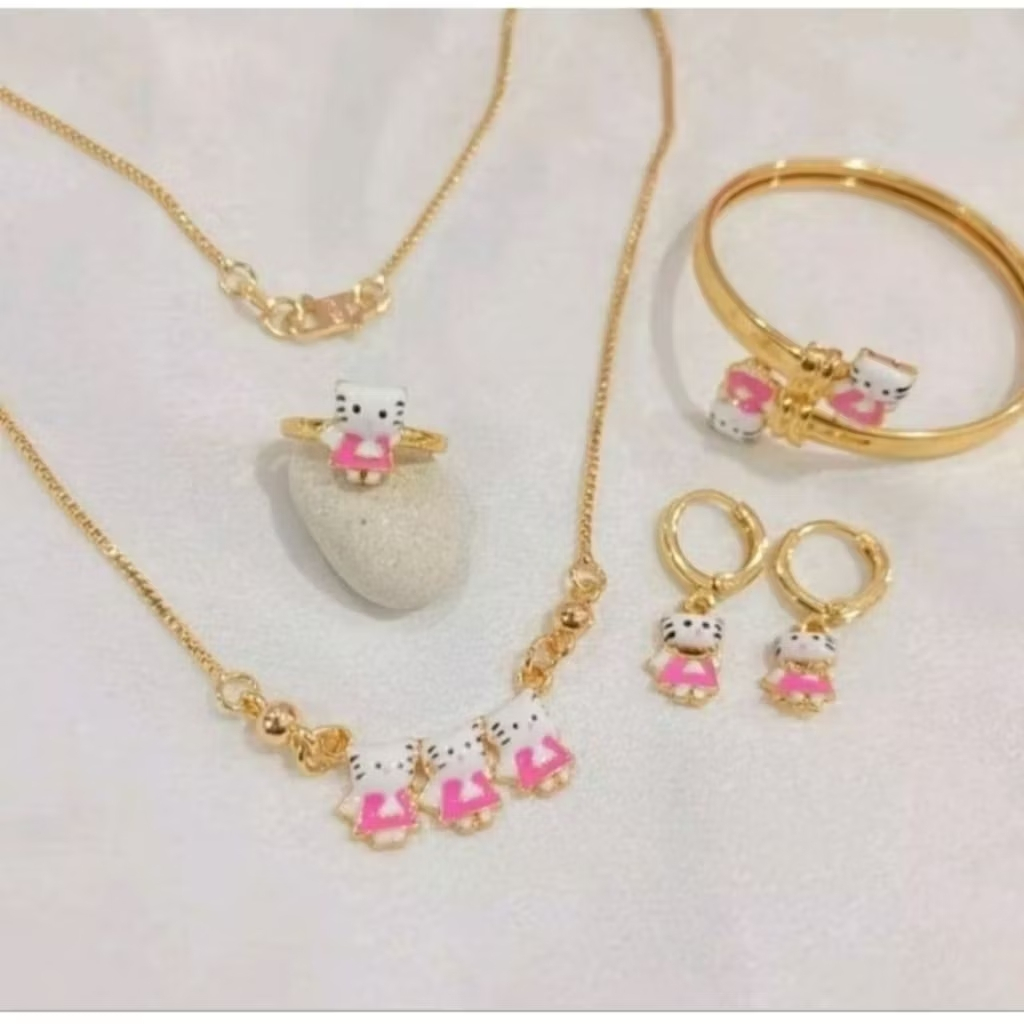 Kalung Set Perhiasan Anak Hello Kitty Pink Putih Gold Titanium