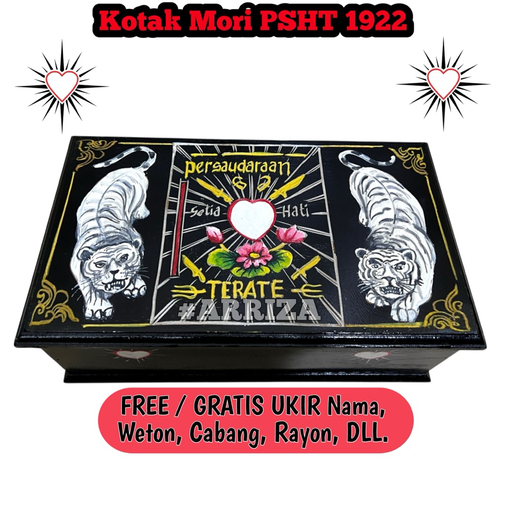 Kotak Mori Psht Kayu Jati Ukir Motif Ukir Warna Macan Harimau Putih / Tempat Penyimpanan Sabuk Mori 