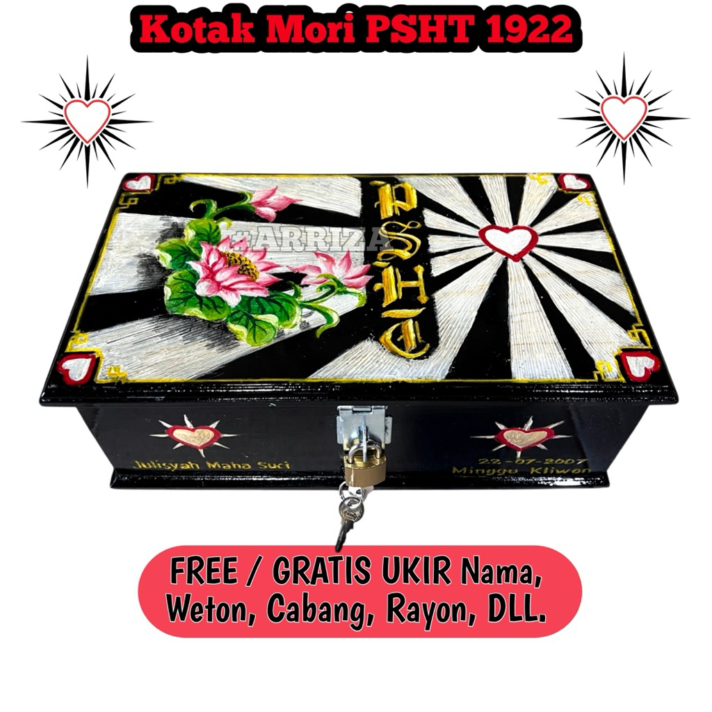 Kotak Mori Psht Kayu Jati Ukir Motif Ukir Bunga Terate Bersinar Warna / Tempat Penyimpanan Sabuk Mor