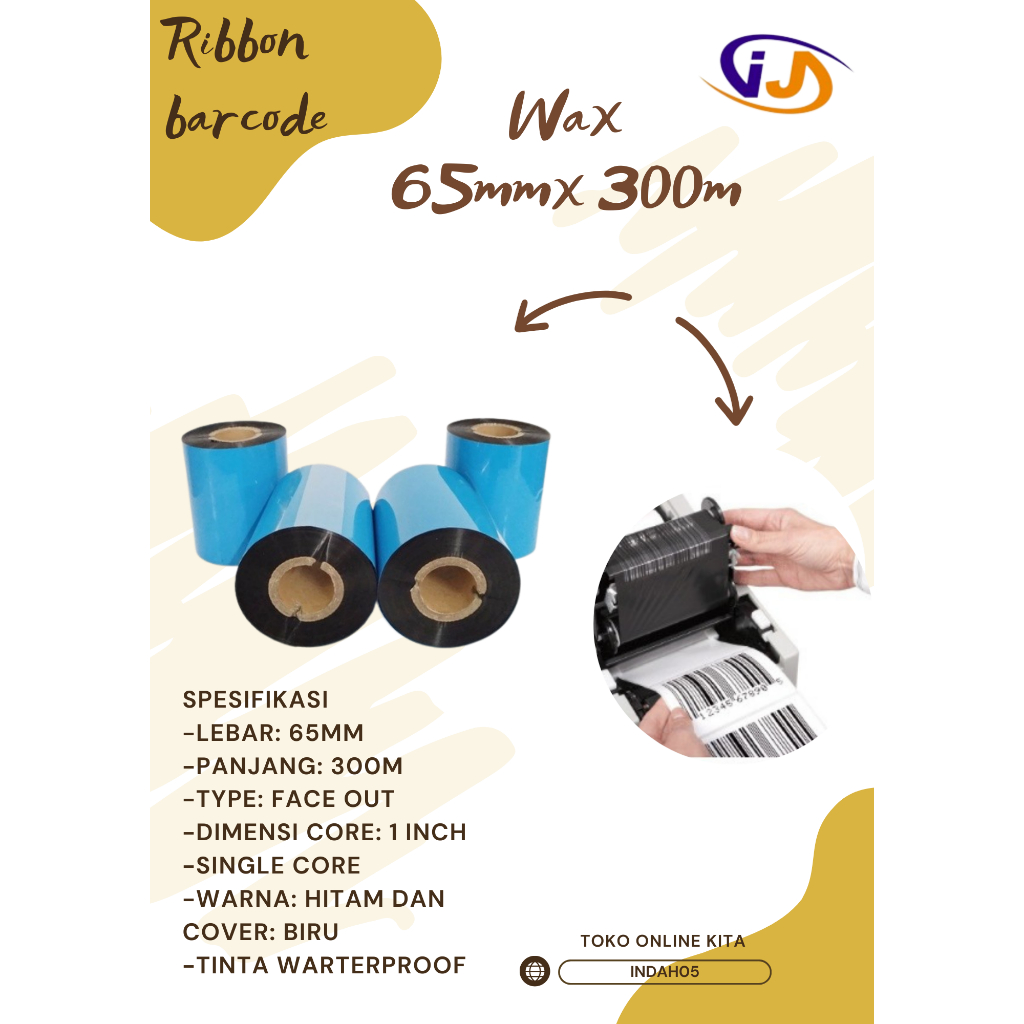 Ribbon Barcode Wax / Sticker Barcode Wax / Wax Ribbon 65mm x 300m Double Core Face Out