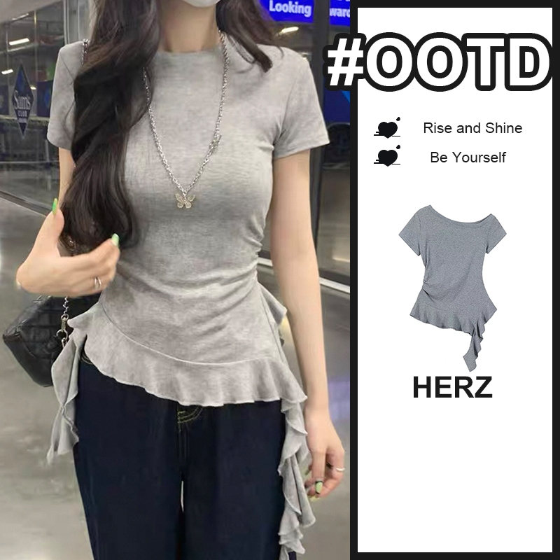 Atasan wanita grey celupan ikat renda lipit bergelombang pita mengembang t-shirt tidak beraturan kor