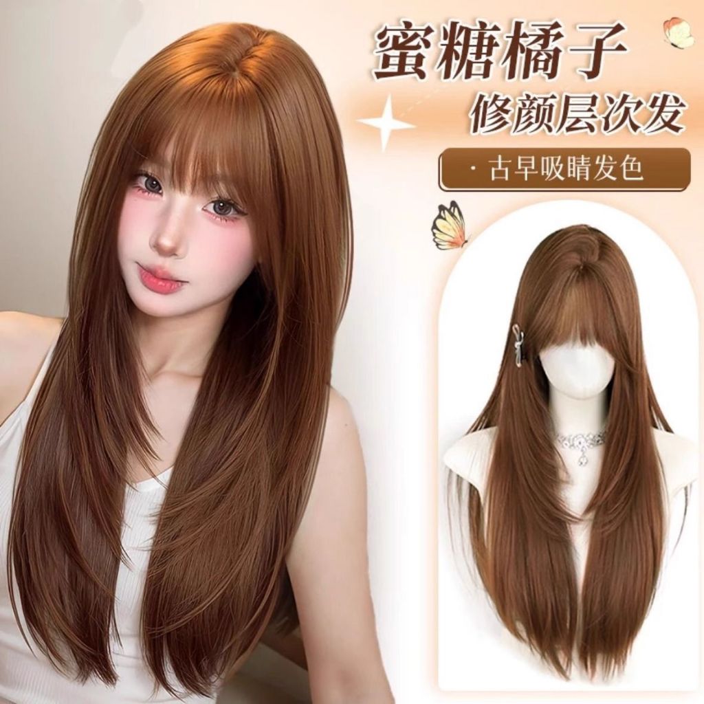 Wig wanita full kepala Oranye coklat rambut lurus LAYER Wig korean style Rambut palsu panjang lurus 