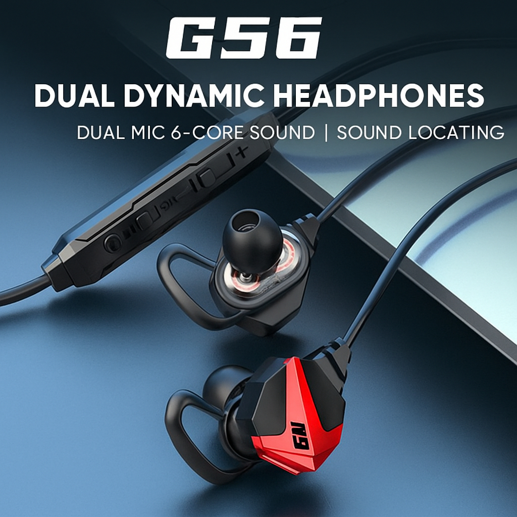 G56 Headset Kabel Gaming Dual Dynamic Earphone Mic Core Suara Jernih Bass Nyaman Untuk PC Laptop HP