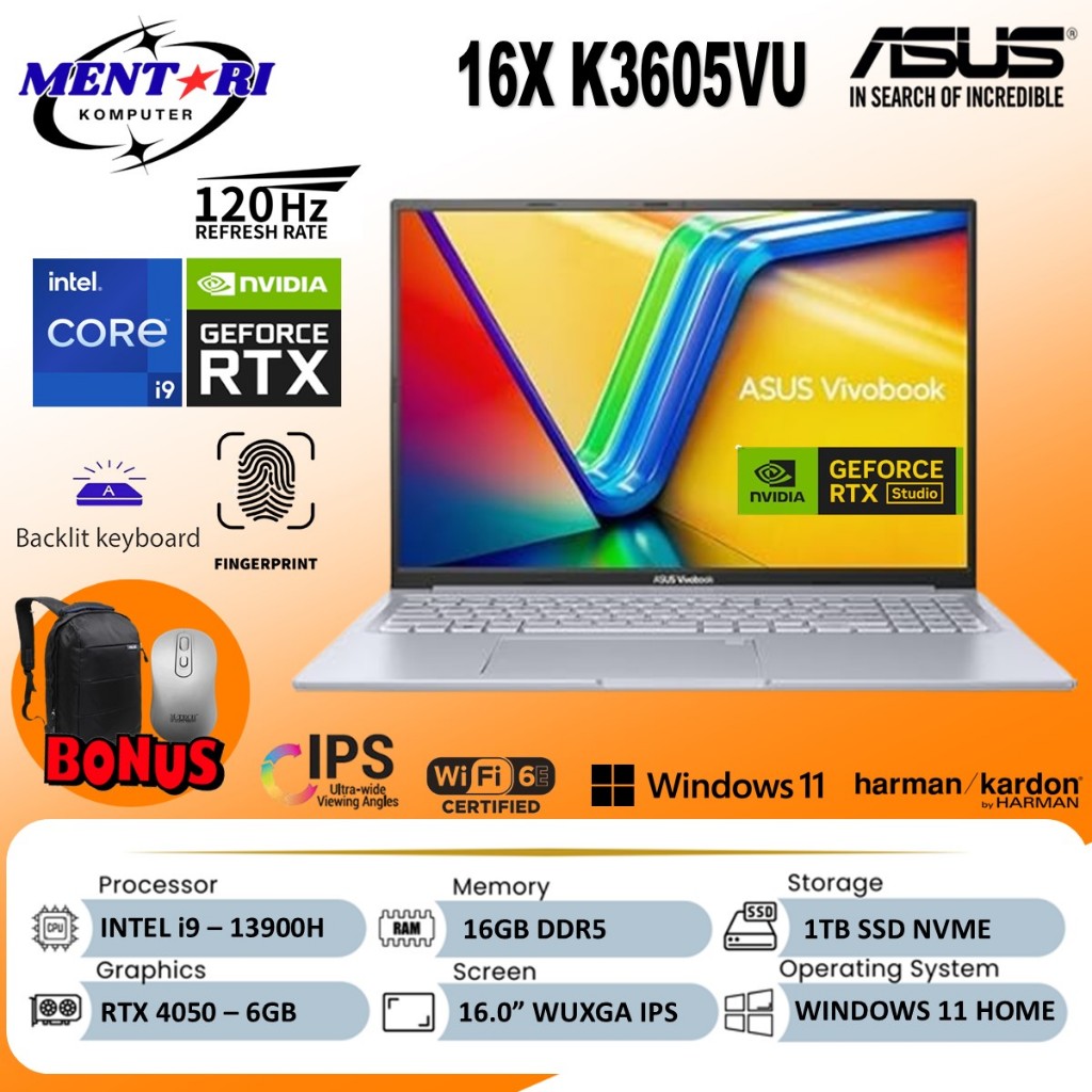 ASUS VIVOBOOK 16X K3605VU I9 13900H RTX4050 32GB 2TB SSD – LAPTOP GAMING KREATOR