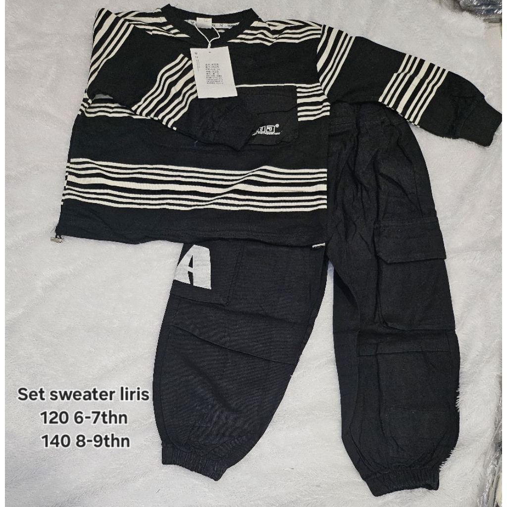 Set baju sweater anak cowok laki-laki liris hitam putih
