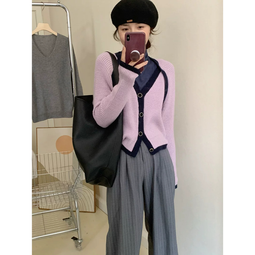 Outer Rajut Kombinasi Lis Item Baju Luaran Wanita Kayak Jaket Bahan Adem Import Kekinian Kancing 666