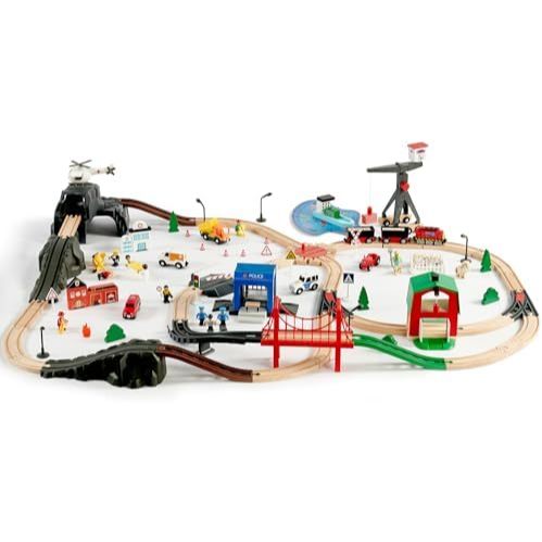 Joylike 153pcs Wooden Train Set, Toy Train for Boys & Girls, 6 Themed Scenarios Wooden Train Track