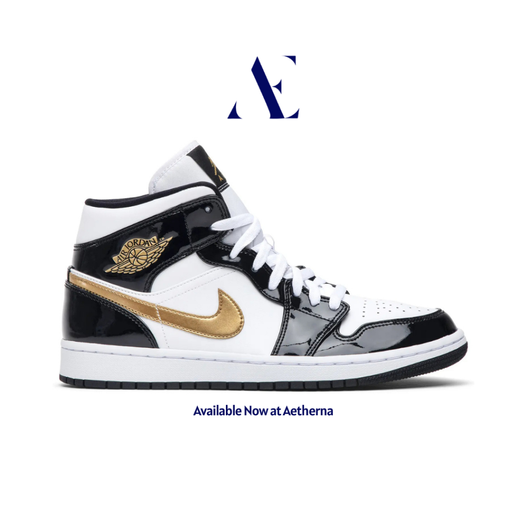 Aetherna. - Sepatu Sneakers Air Jordan 1 Mid Patent Black White Gold Authentic