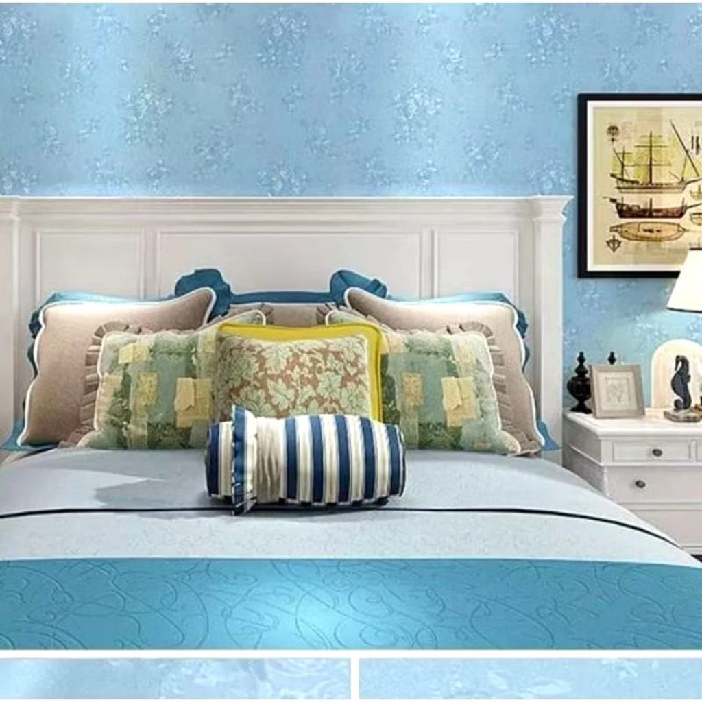 Wallpaper Dinding Motif Emboss Bunga Biru [ M2M MALL ] Wallpaper Dinding Aesthetic Wallpaper Dinding