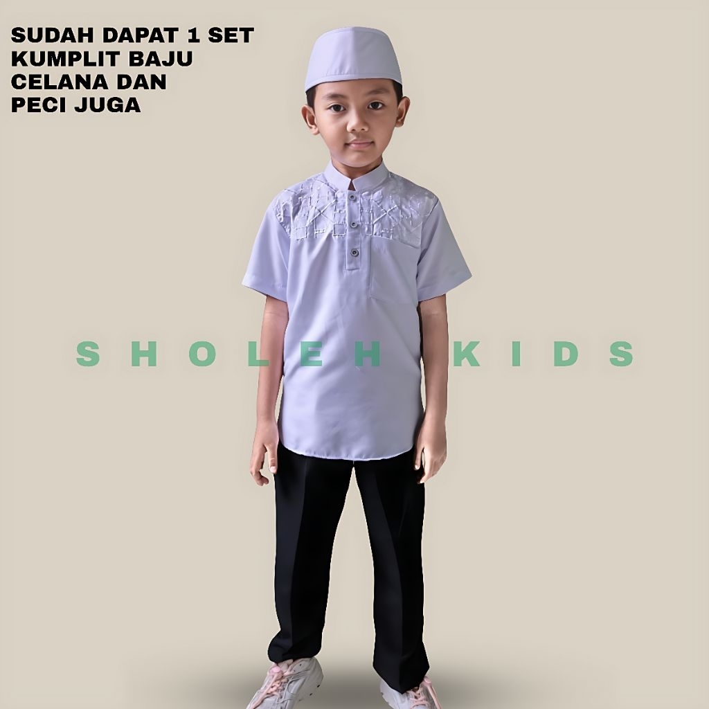 Setelan Koko Anak Putih Celana Hitam Lengan Pendek