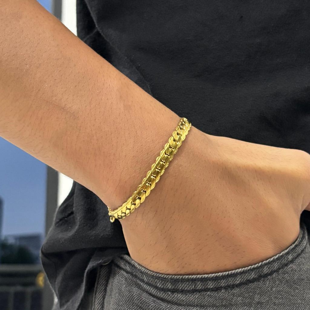 Realpict Gelang Titanium Model Sisik Naga Motif Gold Stainless Steel Pria Wanita Terbaru