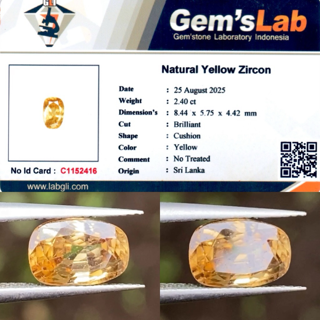 2,40 cts Natural Yellow Zircon origin Ceylon (Sri Lanka) No Treatment Memo GLI