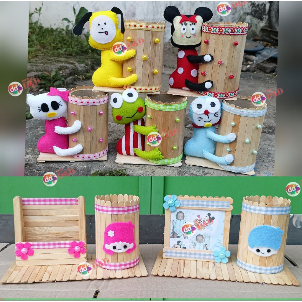 prakarya kerajinan daur ulang tempat pensil dari stik es krim, kaleng rokok/karton dan kain flanel