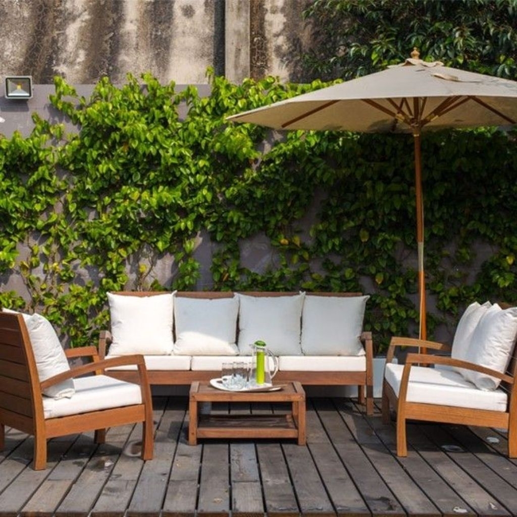 Set Kursi Tamu Teras Kayu Jati Outdoor Minimalis + Meja & Payung Taman