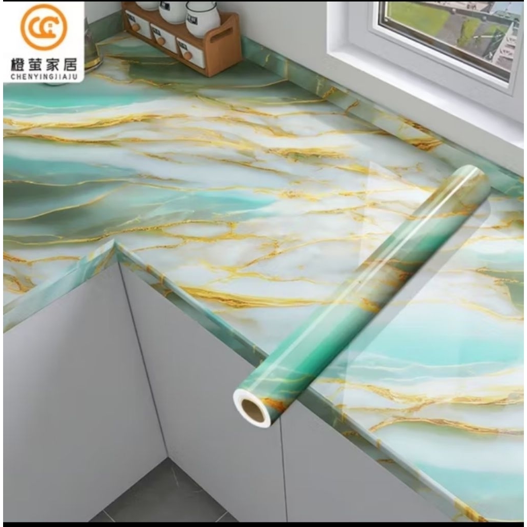 WALLPAPER DINDING MOTIF MARMER HIJAU TOSCA GOLD