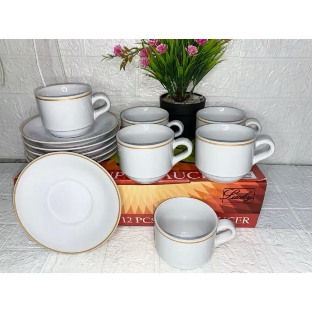 Cangkir set keramik lis putih / 6 set cangkir kramik List putih