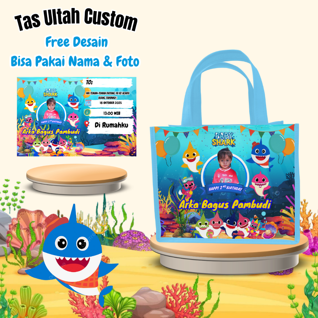 Paket 40 Pcs Tas & Free Undangan Anak Ulang Tahun Custom Desain  Baby Shark Muat Kfc Snack Kain
