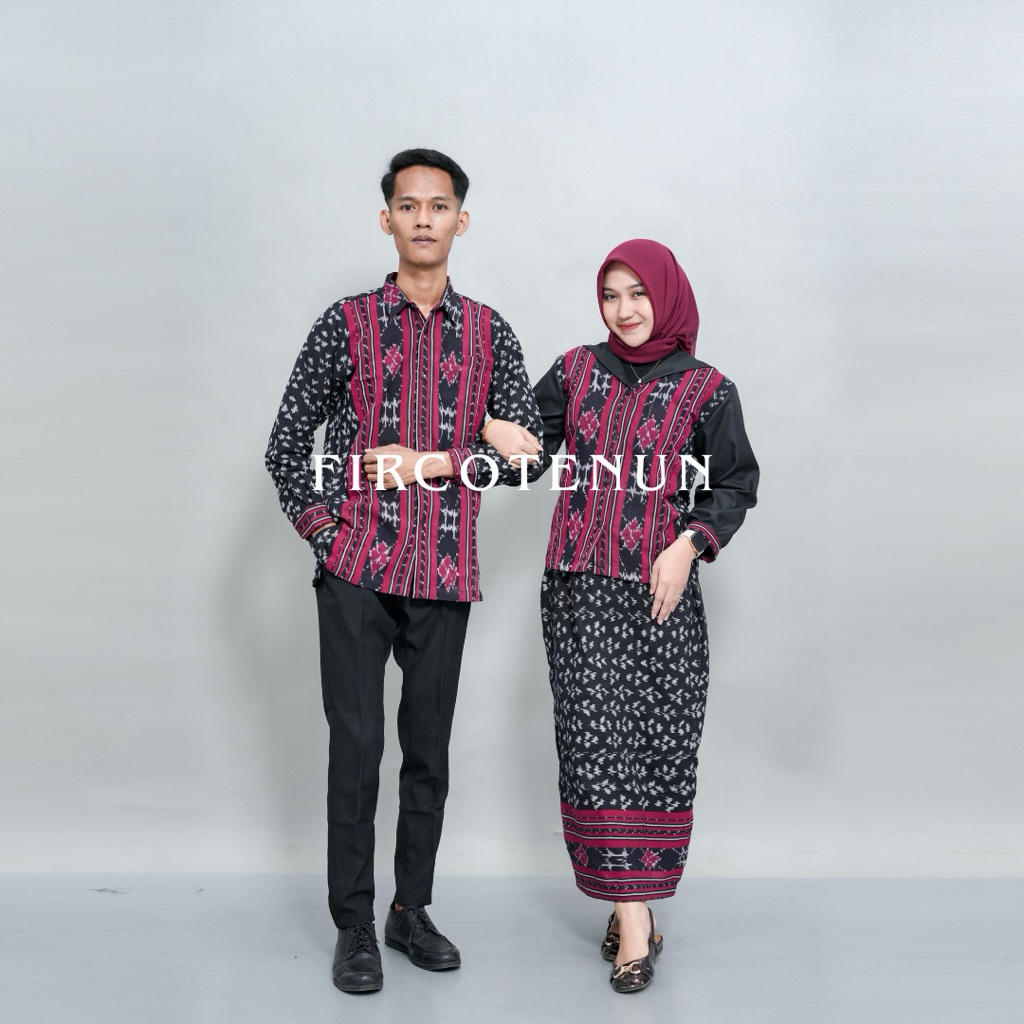 Set Couple Tenun Aruna Maroon - Atasan & Rok Couple Kondangan - One Set Tenun & Kemeja Tenun Pria Mo