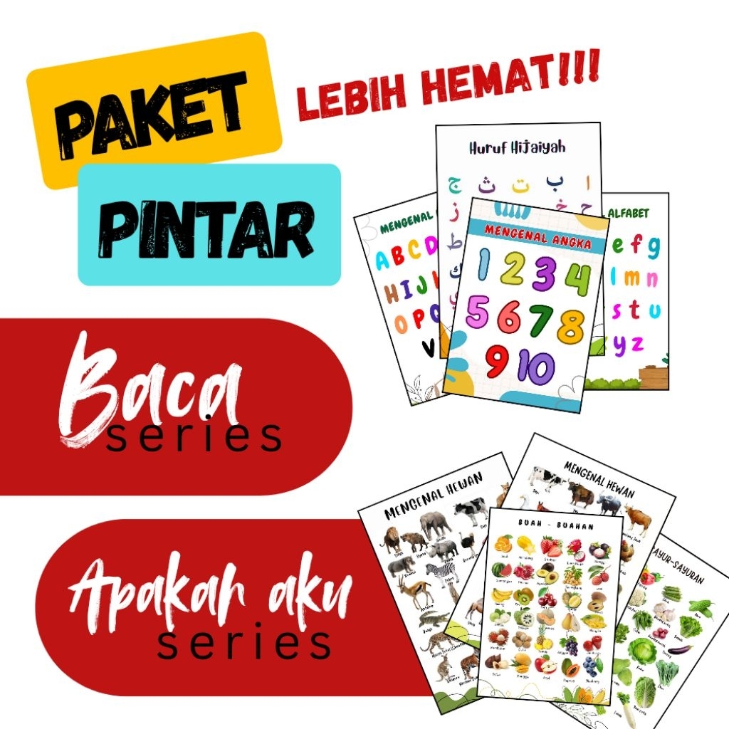 PAKET 3 POSTER EDUKASI HURUF ABC ANGKA 123 hewan sayuran buah hijaiyah