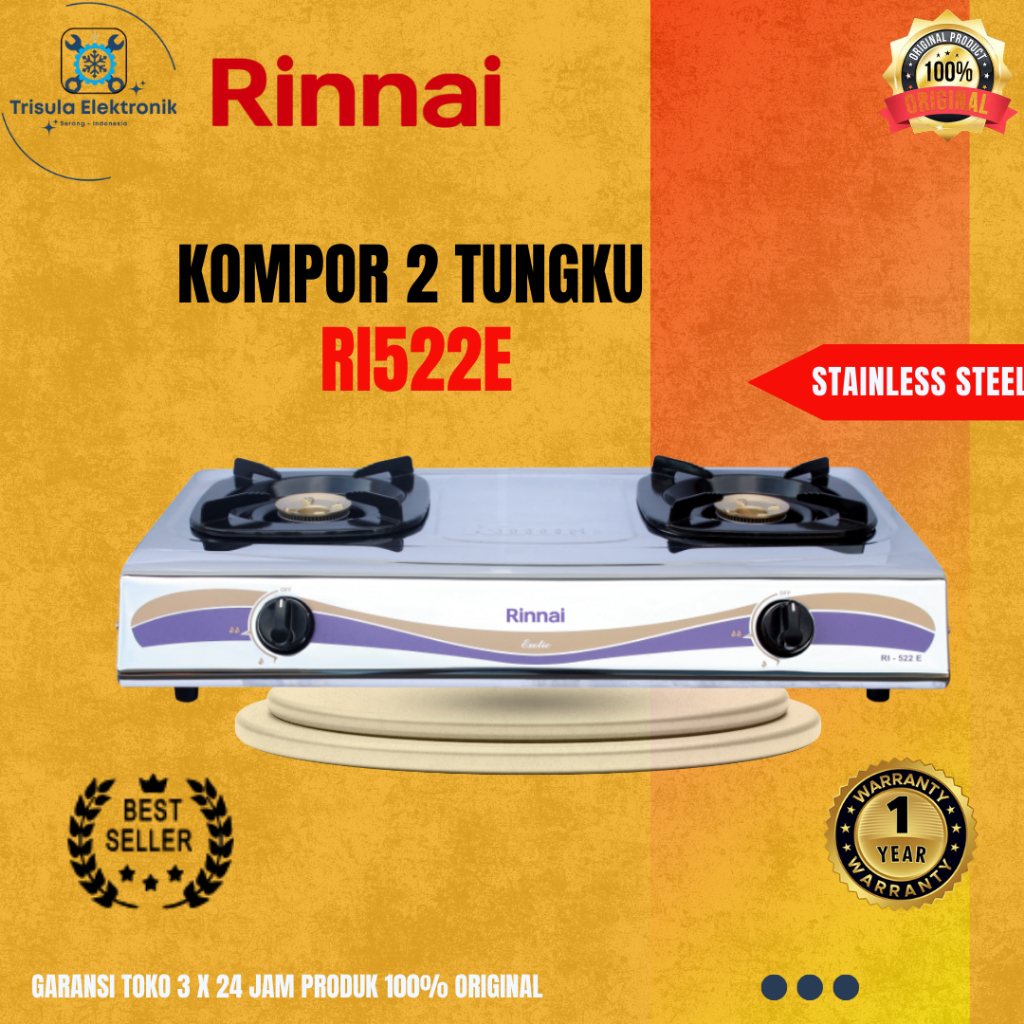 Rinnai Kompor RI 522 E / RI522E, Kompor Gas 2 Tungku Stainless Steel Warna Putih Modern