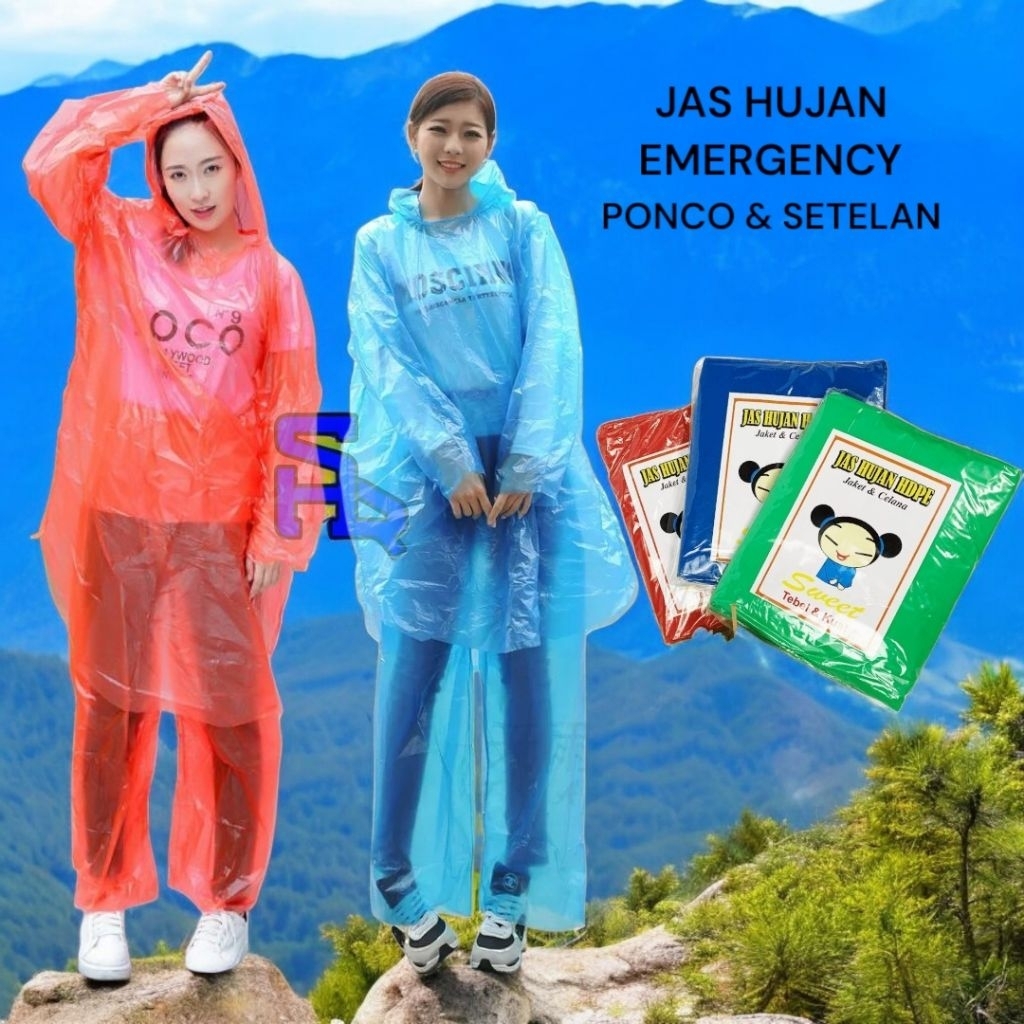 Jas hujan plastik ponco dan setelan jas hujan sekali pakai emergency Tanpa Karet