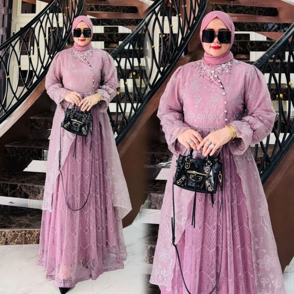 NAURA DRESS SET HIJAB BAHAN FULL ORGANZA LD 110 PB 140 DAN AKSEN PAYET SWAROVSKI