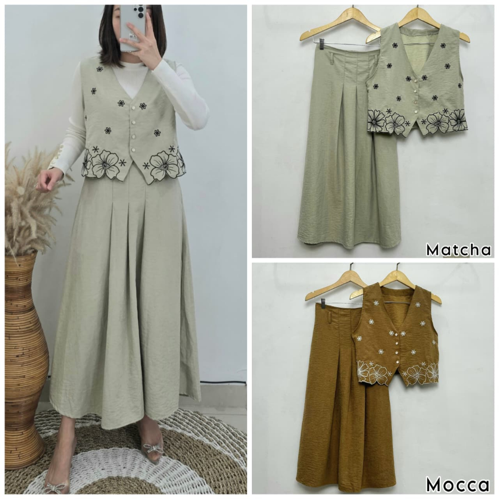 Setelan rok dan vest wanita dewasa bahan suede codoray motif bordir Bunga/ Keisya Setrok Bordir Cher