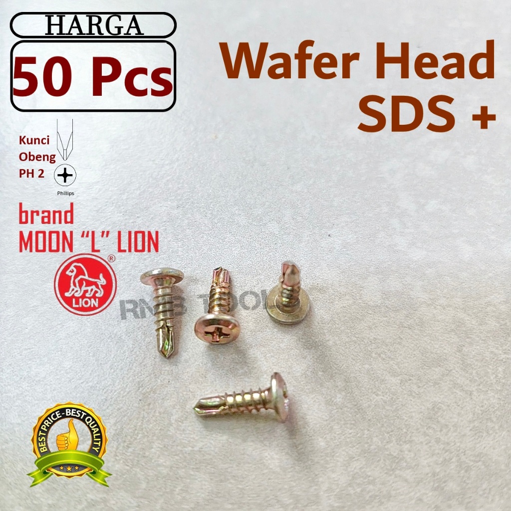 x50pcs Sekrup Wafer Head 6x13 1.3cm Brand Moon Lion Skrup SDS Roofing Ruping Baja Ringan 6 SWH06