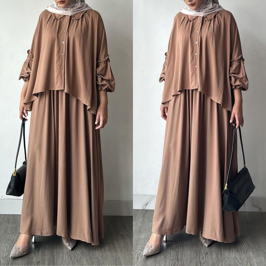 Setelan Rok muslimah wanita full kancing busui friendly lengan balon bahan rayon twill jumbo warna p