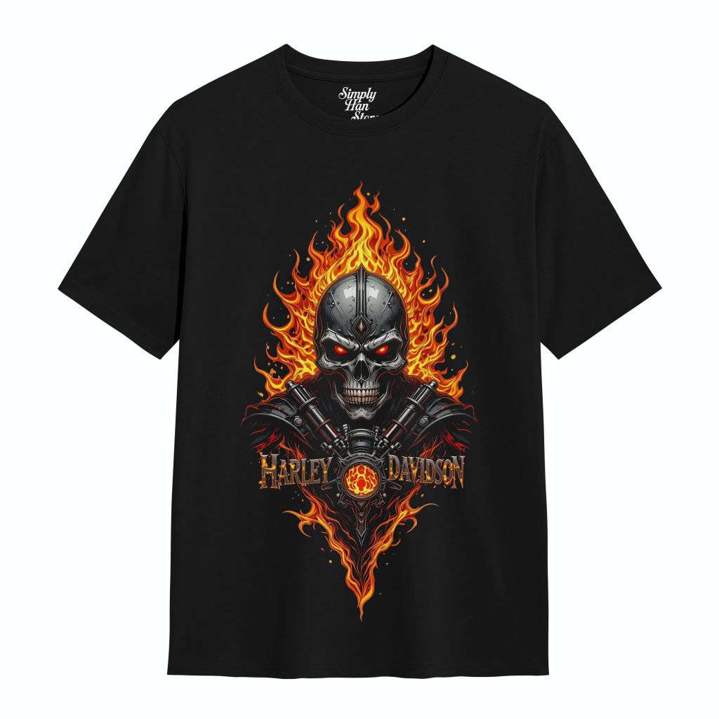 Kaos Distro Harley Davidson Flame Skull – T-Shirt Pria Biker Premium Cotton