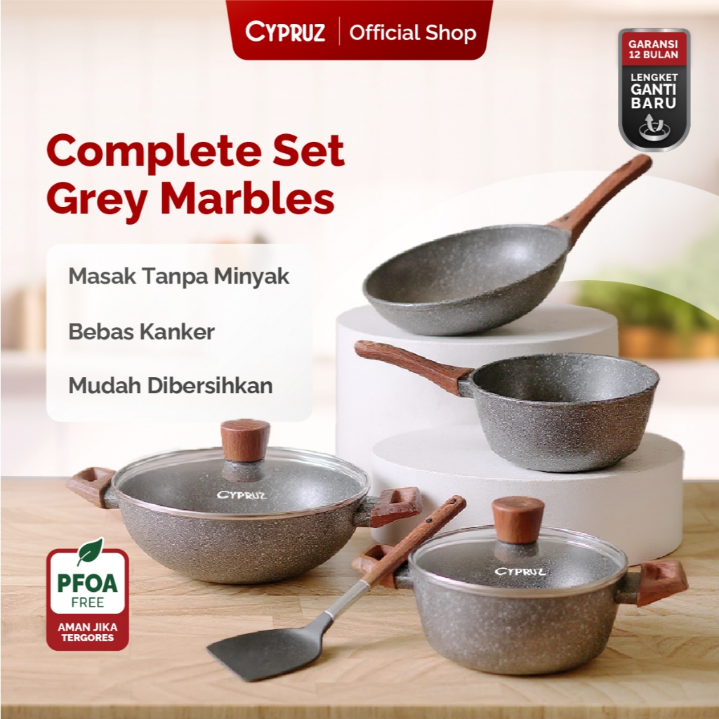 Cypruz Cookware Set Grey Marble Series Panci Set Anti Lengket Premium 7pcs