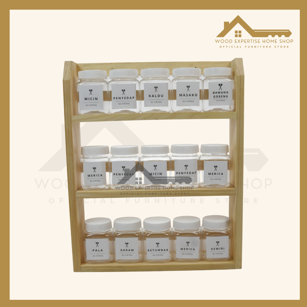 Rak Bumbu Tempat Bumbu Dapur Rak Dapur Kayu Pinus 3 Susun Toples Putih Bumbu 200ml Free Stiker