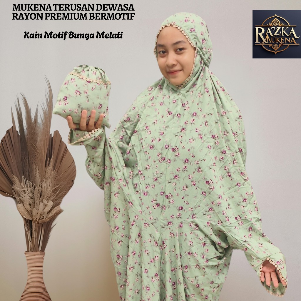Mukena Terusan Dewasa Rayon Motif Kombinasi Bordir Tabur Seribu Bunga Motif Bonus Tas